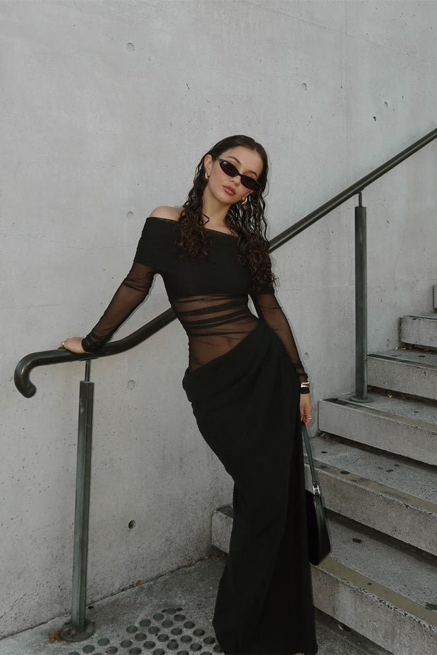 Lillian – Schulterfreies, transparentes Maxi-Netzkleid im modernen Stil