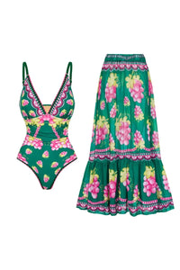 Langes Kleid-Badeanzug-Set mit tiefem V-Ausschnitt und Trägern