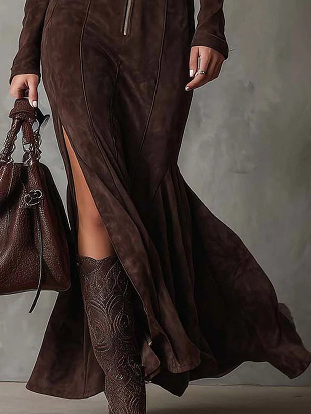 Vintage braunes Langes Kleid mit Reißverschluss und Gürtel