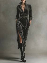 Elegantes Cordkleid mit Bindeband am Hals und Seitenschlitzen im modernen Stil