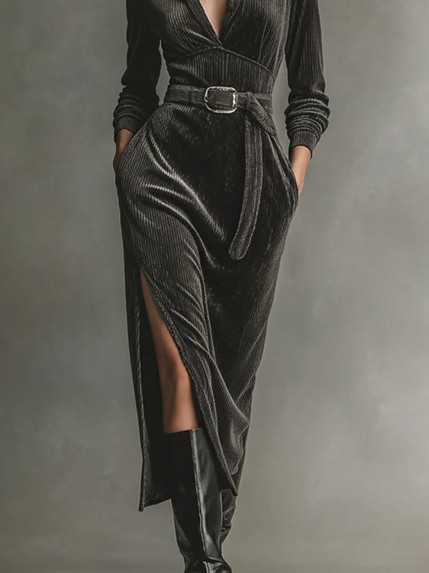 Elegantes Cordkleid mit Bindeband am Hals und Seitenschlitzen im modernen Stil
