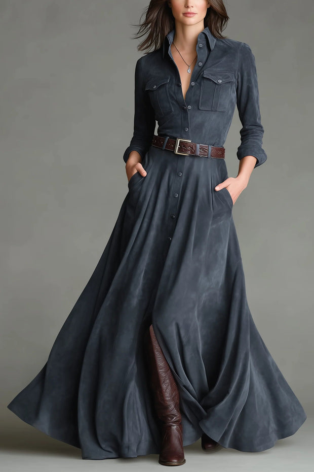 Langes Kleid mit Bodenlänge, einreihig, Gürtel und Hemdkragen aus Kunstwildleder