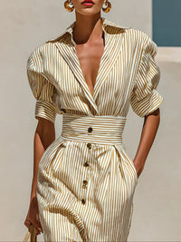 Gestreiftes Midi-Kleid mit Revers, kurzen Ärmeln und Taillierung im modernen Stil