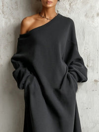 Schwarzes Baumwoll-Langes Kleid mit schulterfreiem Sweatshirt-Design