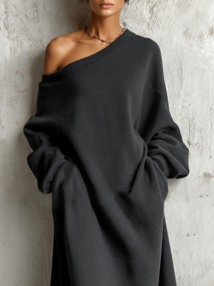 Schwarzes Baumwoll-Langes Kleid mit schulterfreiem Sweatshirt-Design