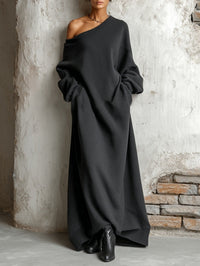 Schwarzes Baumwoll-Langes Kleid mit schulterfreiem Sweatshirt-Design