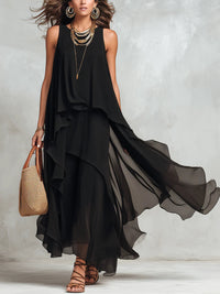 Schwarzes Chiffon-Lagen-Maxikleid mit rundem Ausschnitt und ärmellos