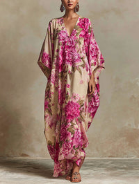 Blumenmuster Art Resort Maxikleid mit V-Ausschnitt und Fledermausärmeln