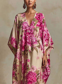 Blumenmuster Art Resort Maxikleid mit V-Ausschnitt und Fledermausärmeln