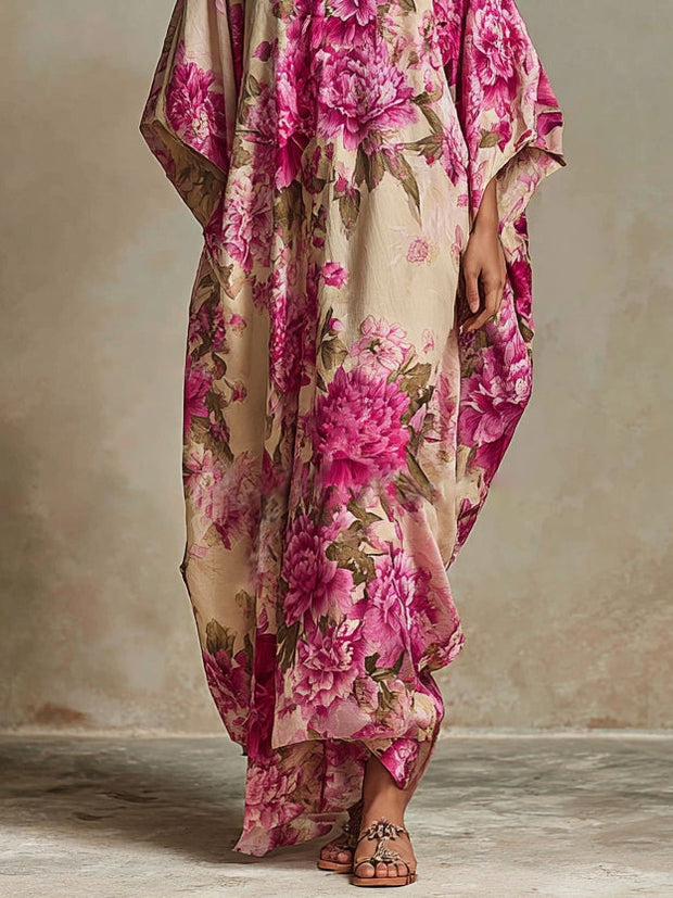 Blumenmuster Art Resort Maxikleid mit V-Ausschnitt und Fledermausärmeln