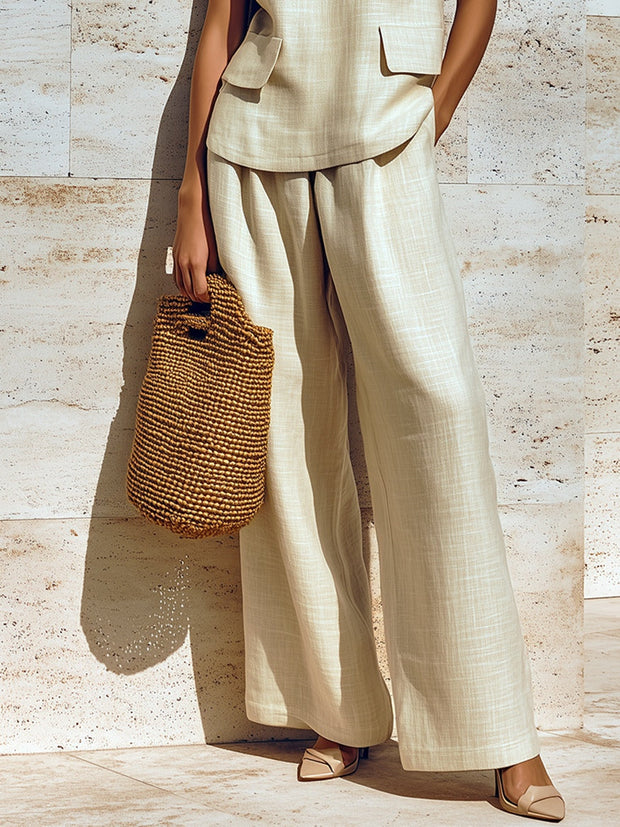 Beige ärmelloses, locker sitzendes Oberteil mit V-Ausschnitt und weite Hose Zweiteiler Set