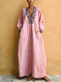 Rosa minimalistisches Maxikleid mit V-Ausschnitt und lockerem Schnitt für den Urlaub