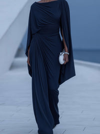 Dunkelblaues plissiertes Cape-Maxi-Kleid mit Drapierung im modernen Stil