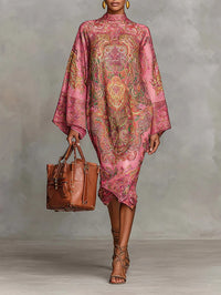 Rosa Paisley-Muster ausgestelltes Midi-Kleid mit langen, lockeren Ärmeln im modernen Stil
