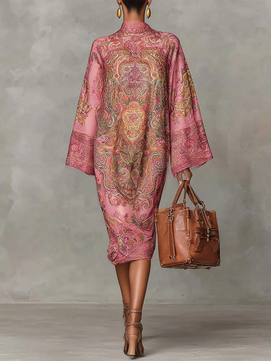 Rosa Paisley-Muster ausgestelltes Midi-Kleid mit langen, lockeren Ärmeln im modernen Stil