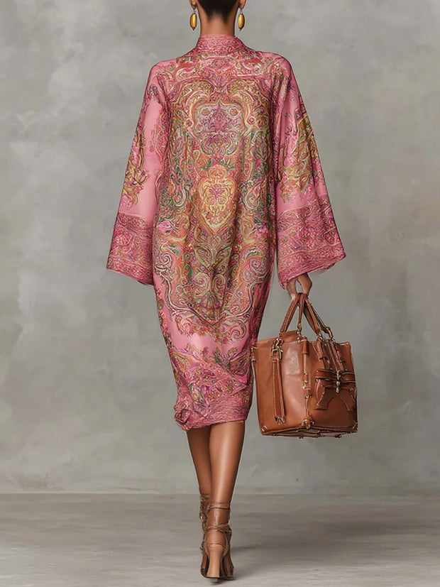 Rosa Paisley-Muster ausgestelltes Midi-Kleid mit langen, lockeren Ärmeln im modernen Stil