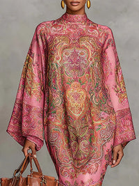 Rosa Paisley-Muster ausgestelltes Midi-Kleid mit langen, lockeren Ärmeln im modernen Stil
