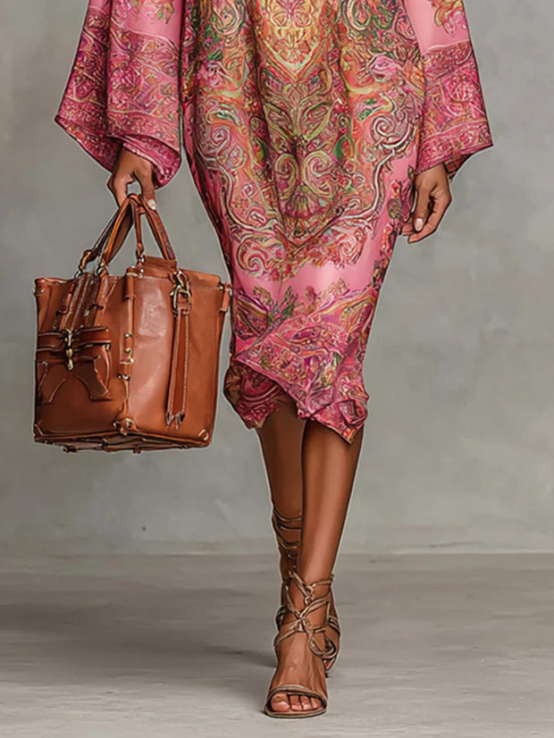 Rosa Paisley-Muster ausgestelltes Midi-Kleid mit langen, lockeren Ärmeln im modernen Stil