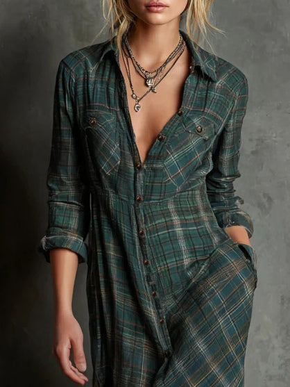 Grünes kariertes Hemd mit Revers, einreihig, langes Kleid im modernen Stil