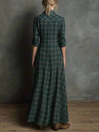 Grünes kariertes Hemd mit Revers, einreihig, langes Kleid im modernen Stil