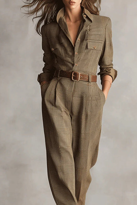 Brauner, eleganter Tweed-Struktur-Karo-Utility-Overall