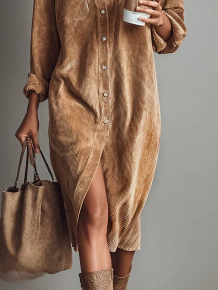 Locker geschnittenes Cordkleid mit doppelter Brusttasche und einreihiger Knopfleiste, Midi-Länge im modernen Stil