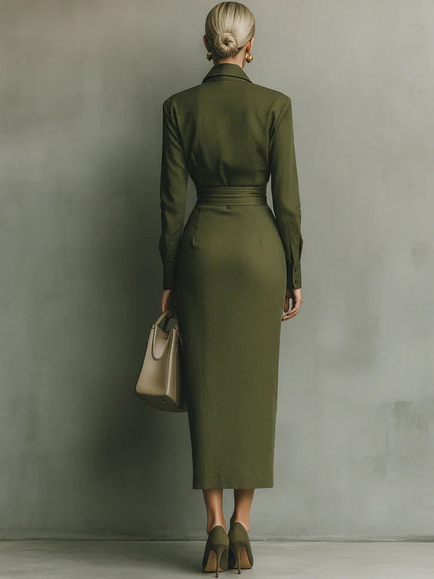 Langes Kleid aus Baumwollmischung in Armeegrün