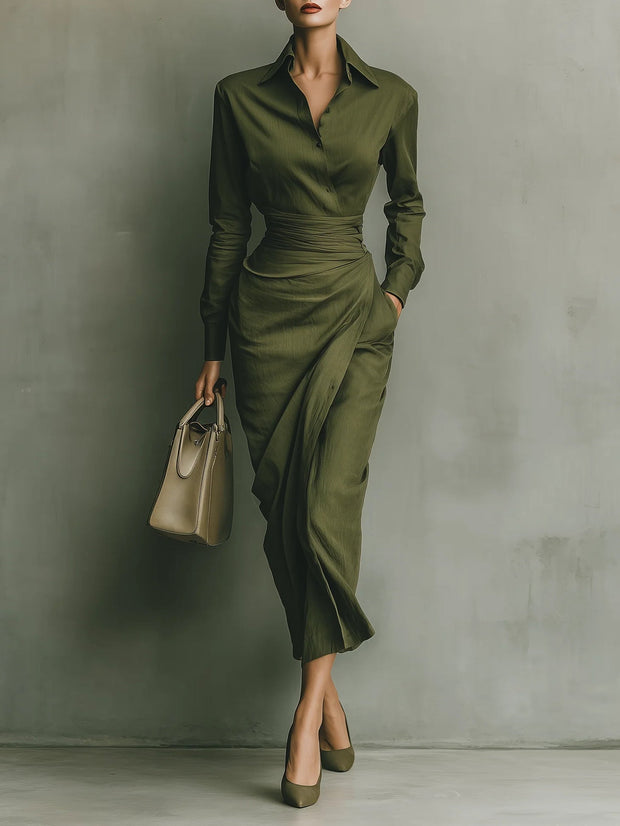 Langes Kleid aus Baumwollmischung in Armeegrün
