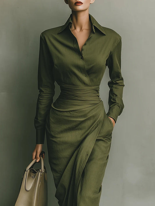 Langes Kleid aus Baumwollmischung in Armeegrün