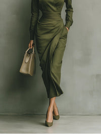 Langes Kleid aus Baumwollmischung in Armeegrün