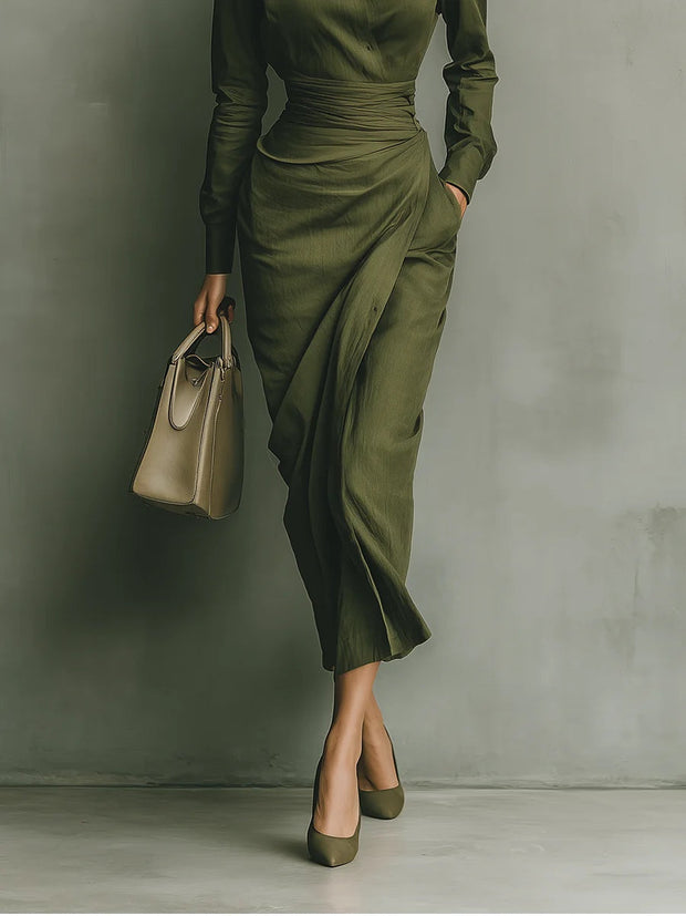 Langes Kleid aus Baumwollmischung in Armeegrün