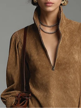 Braunes lockeres Wildleder-Kurzes Kleid mit Reißverschluss und Rollkragen