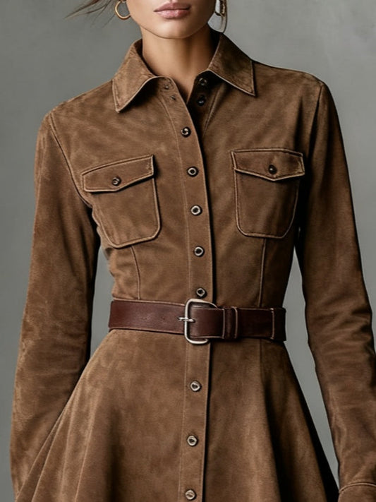 Verspieltes Wildleder Mini-Kleid mit Revers, einreihig und langärmelig im modernen Stil