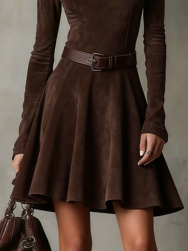 Vintage Mini-Kleid aus dunkelbraunem Wildlederimitat mit Stehkragen im modernen Stil