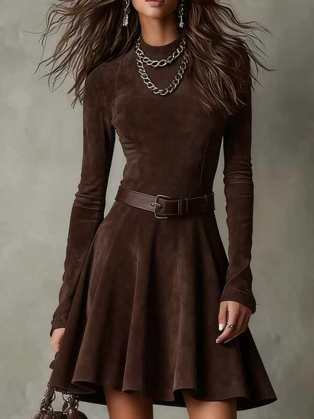 Vintage Mini-Kleid aus dunkelbraunem Wildlederimitat mit Stehkragen im modernen Stil