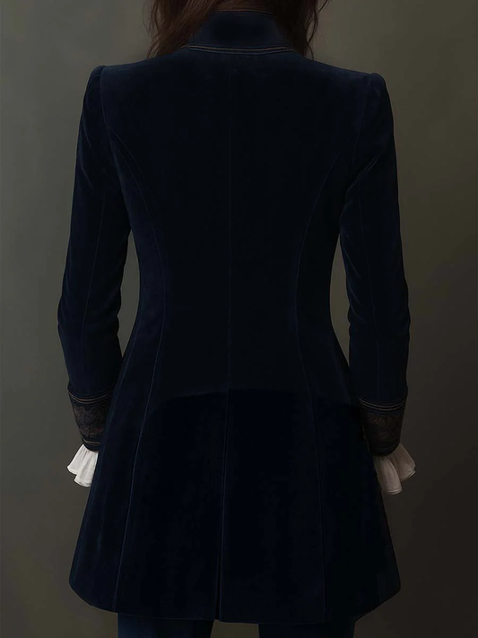 Vintage Marineblauer Polyester-Samt bestickte lange Jacke im modernen Stil