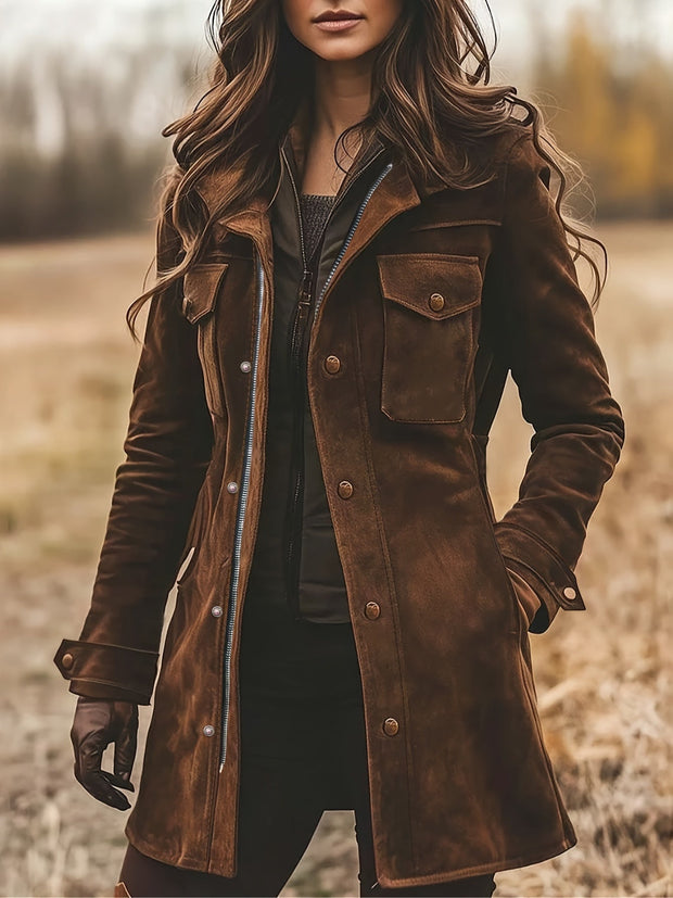 Vintage Wildleder Mantel mit Reverskragen und mittlerer Länge im modernen Stil