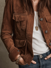 Vintage braune Jacke aus Kunstwildleder mit mehreren Taschen im modernen Stil