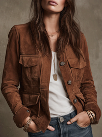 Vintage braune Jacke aus Kunstwildleder mit mehreren Taschen im modernen Stil