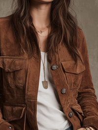 Vintage braune Jacke aus Kunstwildleder mit mehreren Taschen im modernen Stil