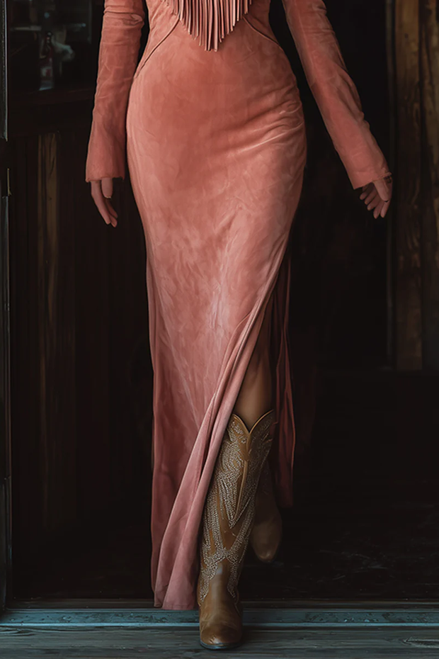 Vintage Western Langes Kleid aus rosa Kunstwildleder mit bestickten Quasten