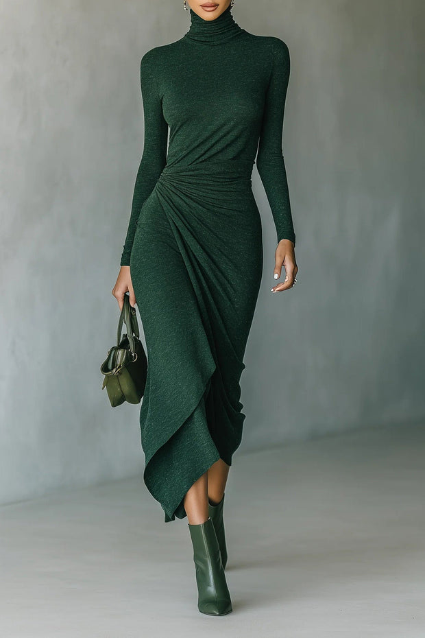 Dunkelgrünes Rollkragen-Faltenkleid mit unregelmäßigem Wickeldesign, Midi-Länge im modernen Stil