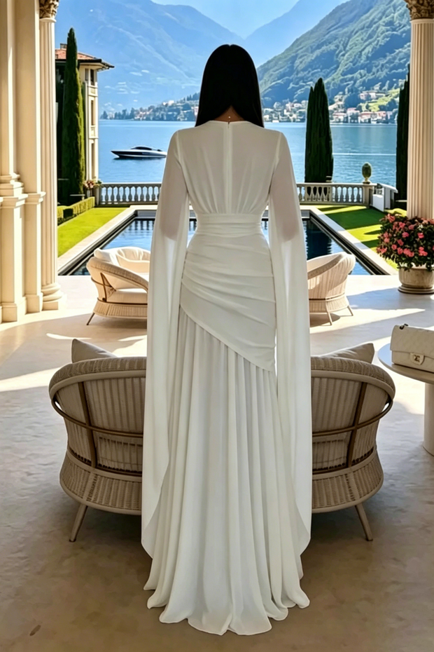 Weißes Maxikleid mit V-Ausschnitt, Cape-Ärmeln, geraffter Taille und bodenlangem Saum