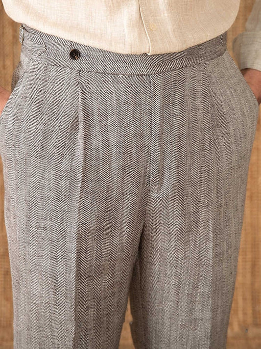 Hose aus Baumwolle und Leinen mit Fischgrätmuster, geradem Schnitt und Bundfalten