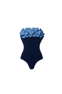 Blauer 3D-Blumen trägerloser Badeanzug im modernen Stil