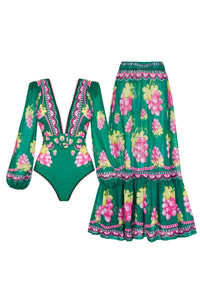 Retro Badeanzug-Set mit tiefem V-Ausschnitt und langem Arm, bedruckt im modernen Stil