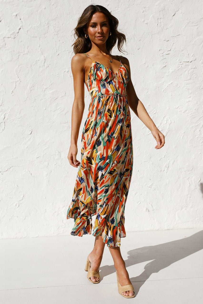Adela bedrucktes Midi-Sommerkleid mit Rüschenbesatz im modernen Stil