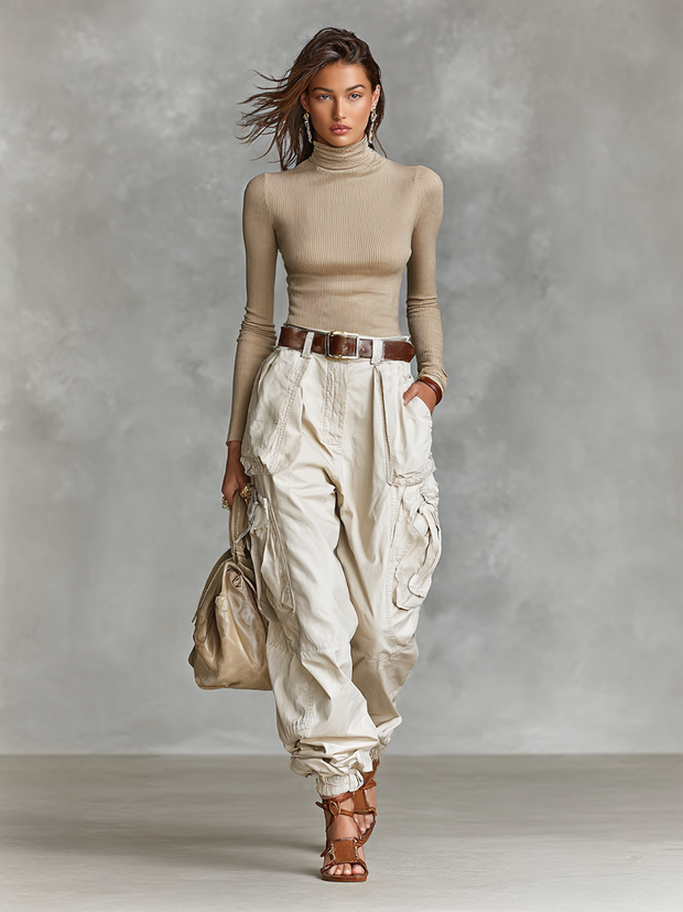 Enges Langarmshirt mit hohem Kragen und Cargo-Hose mit mehreren Taschen, zweiteiliges Set (ohne Gürtel)
