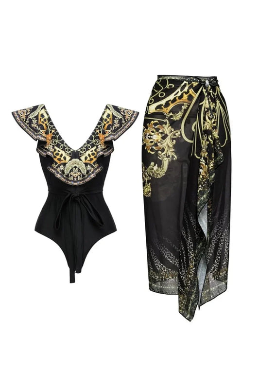 Schwarz-Gold bedrucktes Badeanzug-Set mit Rüschen und Bindeband im modernen Stil