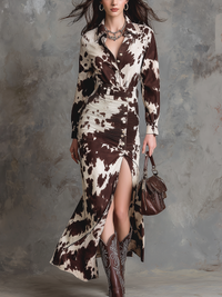 Vintage-Kuhmuster Hemd-Kleid in Midi-Länge